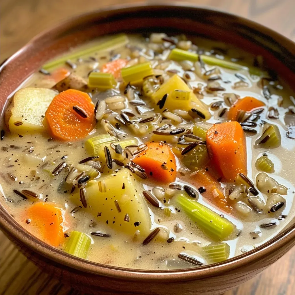 Side view of a steaming bowl of vegan wild rice soup with vegetables, highlighting the creamy coconut milk.