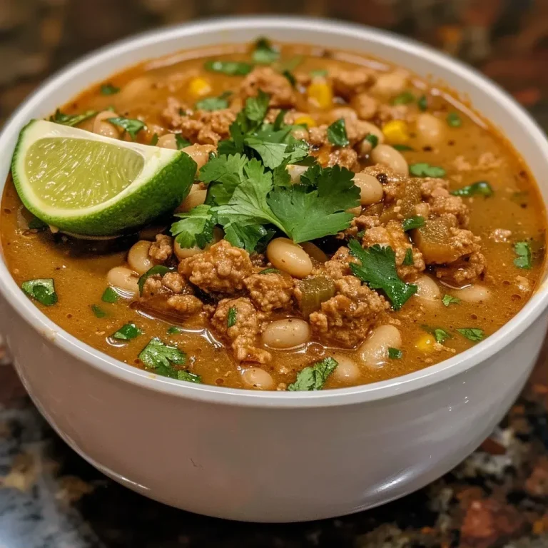 Close-up view of a bowl of White Bean Turkey Chili topped with avocado and cheese.