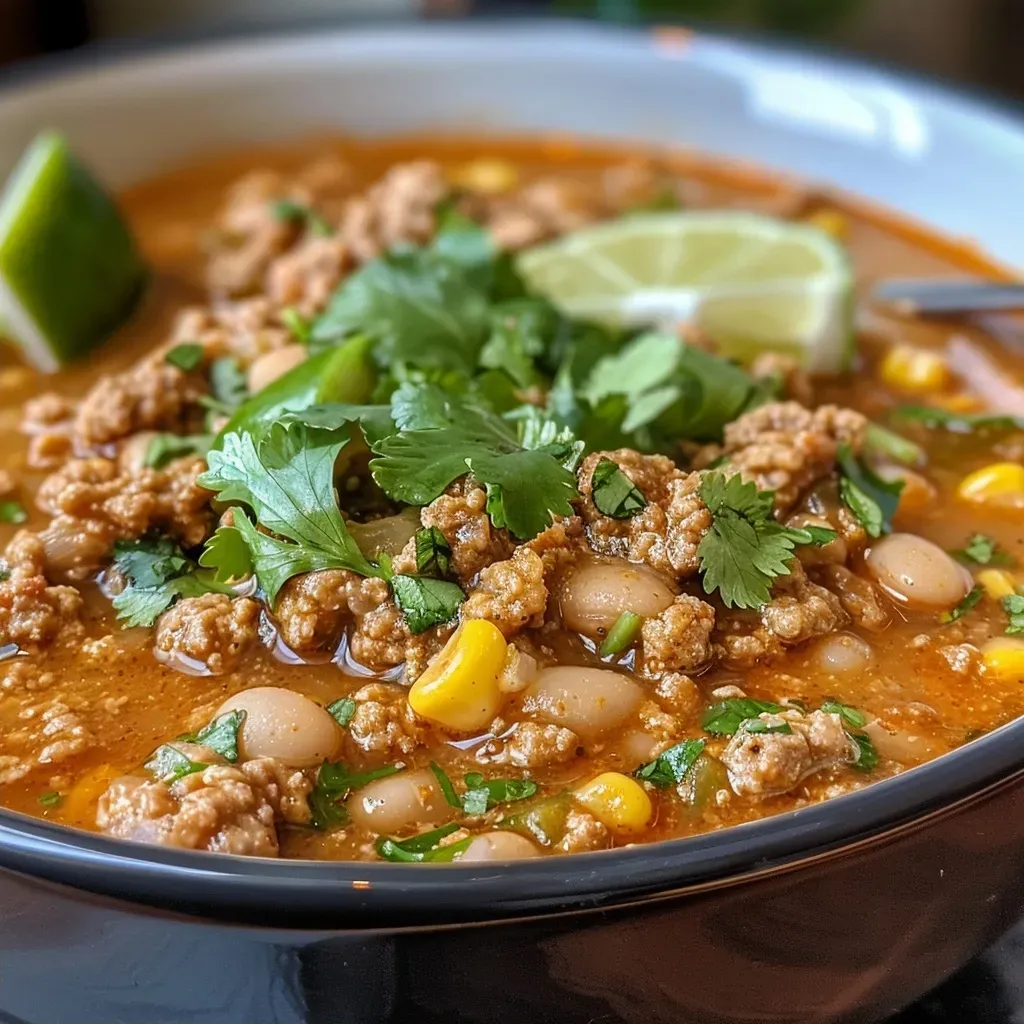 Side angle of White Bean Turkey Chili showcasing its creamy texture and garnishes.