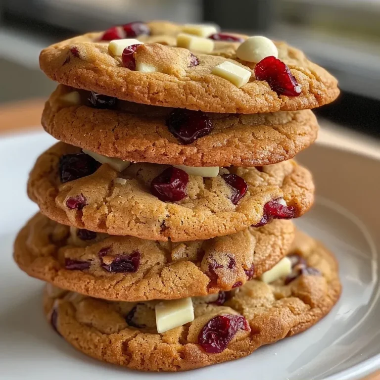 Side view of a plate filled with golden-brown White Chocolate Cranberry Cookies.