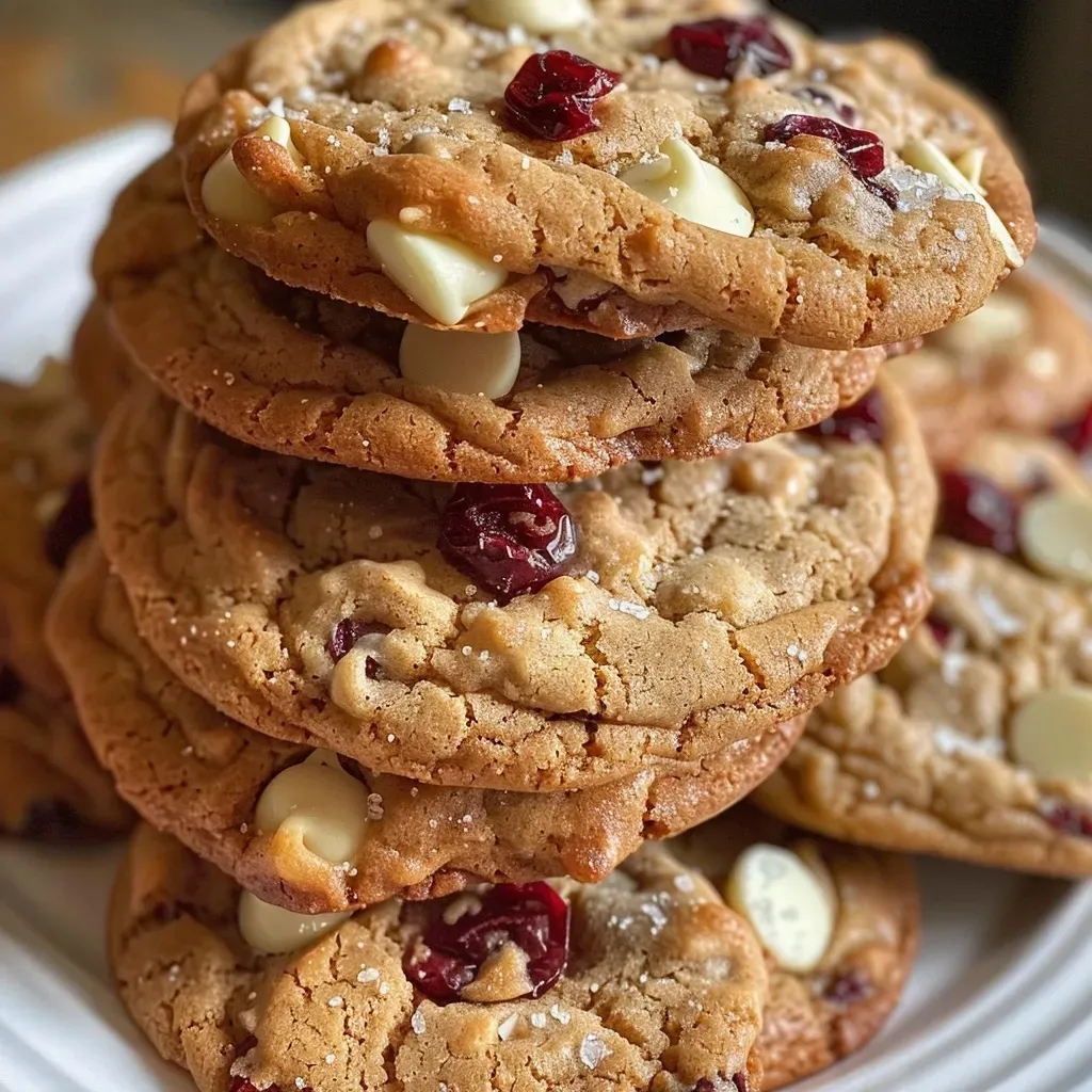 Close-up of freshly baked White Chocolate Cranberry Cookies with cranberries and white chocolate chips visible.